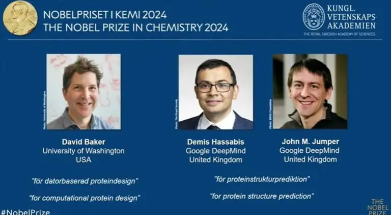 The 2024 Nobel Prize in Chemistry was awarded to Demis Hassabis and John M. Jumper from Google DeepMind, as well as David Baker from the University of Washington. Hassabis and Jumper were recognized for using artificial intelligence (AI) to predict the 3D structures of nearly all known proteins, while Baker was honored for designing new proteins that do not naturally exist.