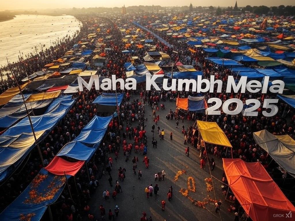 A vibrant scene of Maha Kumbh Mela 2025 at Prayagraj, showcasing millions of pilgrims gathered along the sacred Ganga River. The image features a sprawling temporary city of colorful tents and camps in the background, with majestic ghats adorned with traditional decorations. 